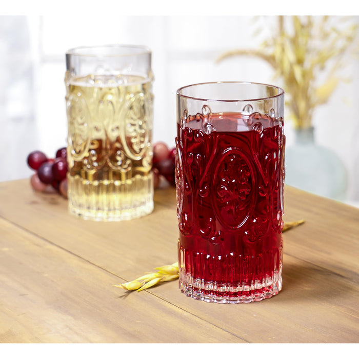 Red Co. Set of 4 Unbreakable Reusable Acrylic Vintage Embossed 20 Fl Oz Highball Tumblers, Clear