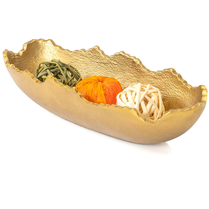 Red Co. 11.5” x 4.5” Elongated Oval Decorative Asymmetrical Torn Textured Metal Centerpiece Tray with Sculpted Edges, Old Gold
