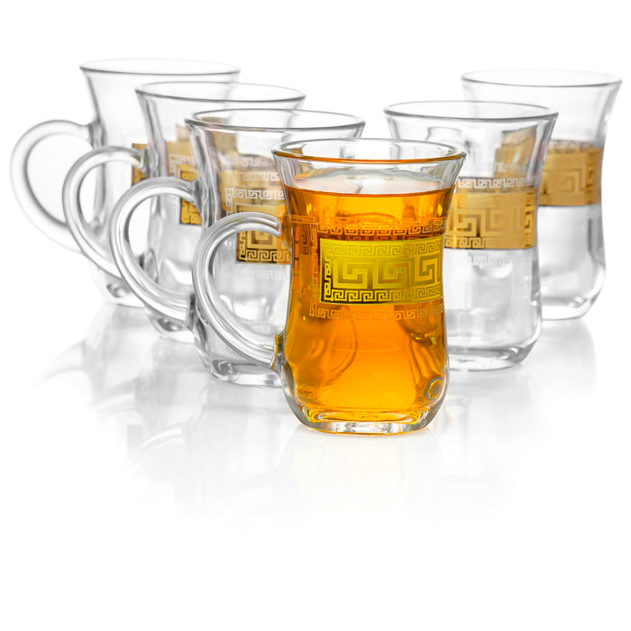 Red Co. Set of 6 Decorated Clear Glass 5 Fl Oz Turkish Tea Cups with Golden Greek Key Pattern and Handle