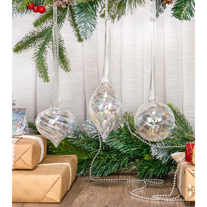 Red Co. 10” Decorative Glass Hanging Christmas Tree Ornaments Set of 9 – Iridescent Clear Olive, Ball & Onion