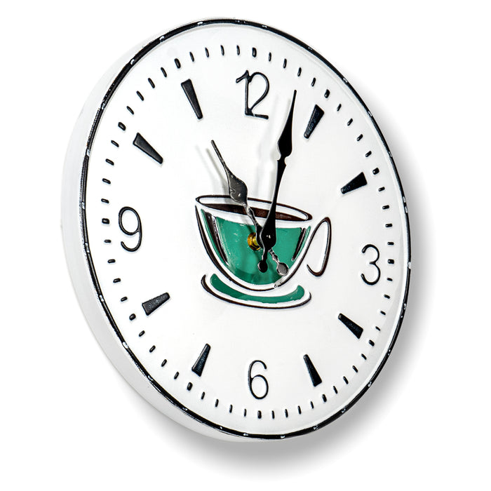 Red Co. 12.5” Round Metal Wall Clock with Embossed Coffee Cup Print, White/Black Rim