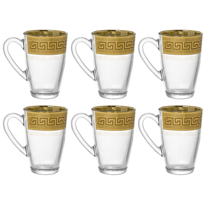 Red Co. Set of 6 Decorated Clear Glass 12 Fl Oz Tea and Coffee Mugs with Golden Greek Key Trim