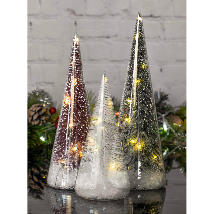 Red Co. Set of 3 (10”, 9”, 7”) Clear Glass Light-Up Decorative Tabletop Christmas Tree Holiday Figurine with LED Lights, Tinsel & Snow