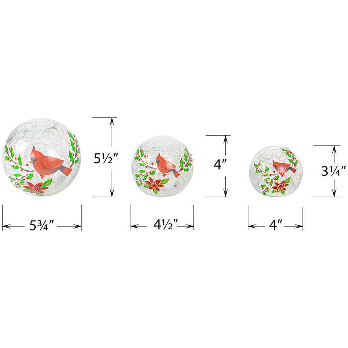 Red Co. Set of 3 (6”, 5”, 4”) Clear Glass Light-Up Decorative Tabletop Christmas Ball Figurine with LED Lights, Cardinal Bird