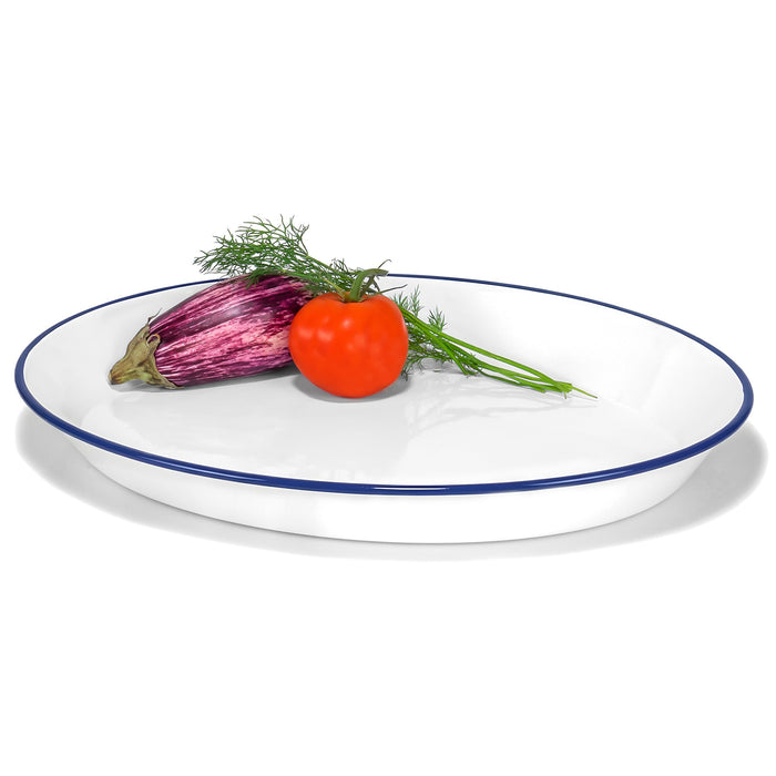 Red Co. Oven Safe Enamelware Metal Classic 16.5” Serving Oval Tray Platter, Solid White/Navy Blue Rim