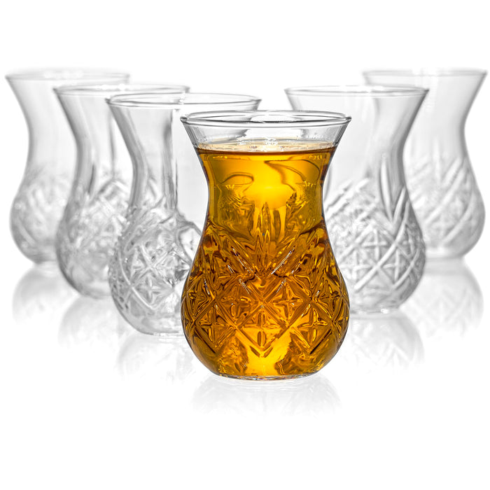 Red Co. Set of 6 Tulip Shaped 5.75 Fl Oz Vintage Cut Glass Turkish Tea Cups, Clear