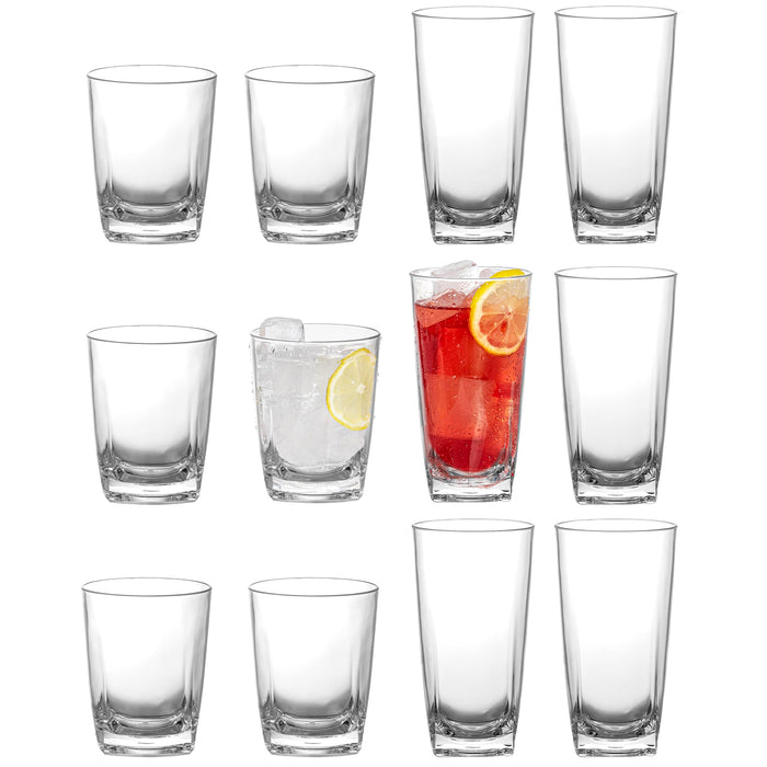 Red Co. Set of 12 Heavy Duty Clear Classic Acrylic Outdoor Mixed Drinkware Tumblers, 17 Fl Oz Lowball and 22 Fl Oz Highball Glasses