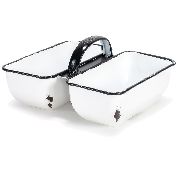 Red Co. 7.5” x 4.5” Enamelware 2-Compartment Serving & Storage Caddy Nut Bowl, White/Black Rim