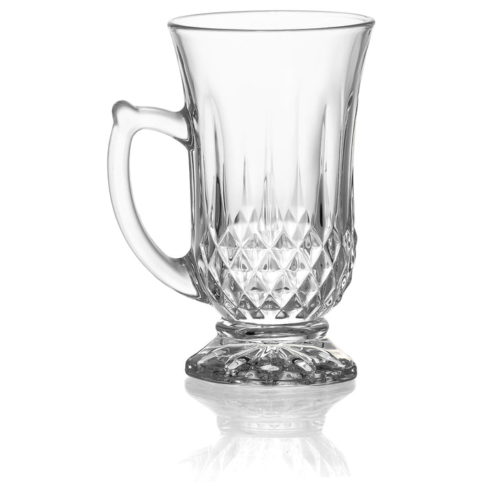 Red Co. 6-Pack Classic Clear Cut Glass 4.5 Oz Footed Turkish Tea Cups with Handles, Etched Design
