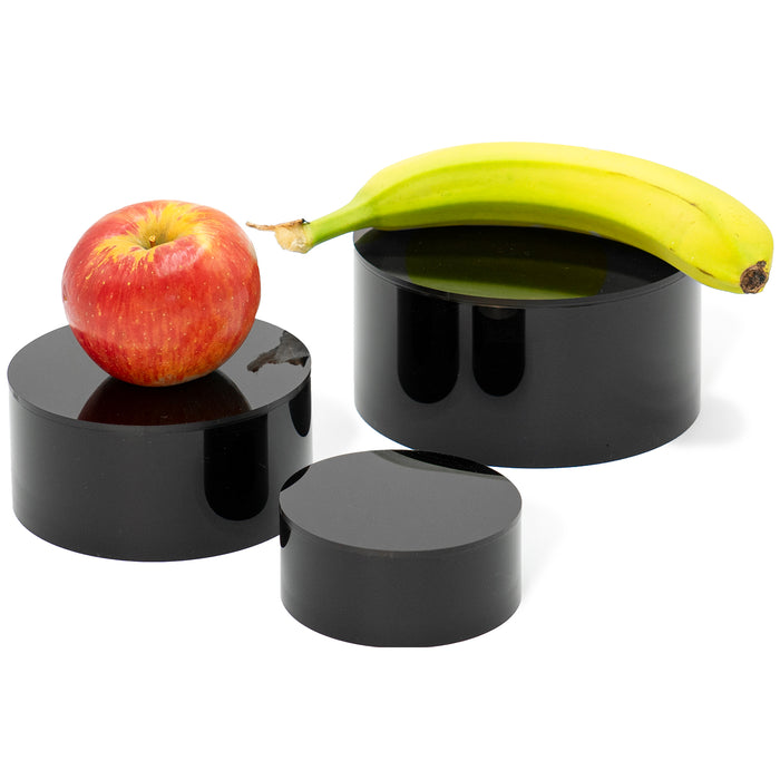 Red Co. Set of 3 Sizes (6", 5", 4") Acrylic Round Cylinder Display Nesting Riser Stands with Hollow Bottoms, Glossy Black