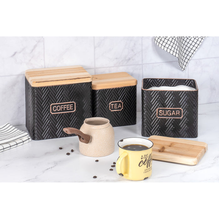 Red Co. Set of 3 Pre-Labeled Embossed Metal Storage Canister Jars with Wooden Lids, Black – Tea, Sugar, Coffee