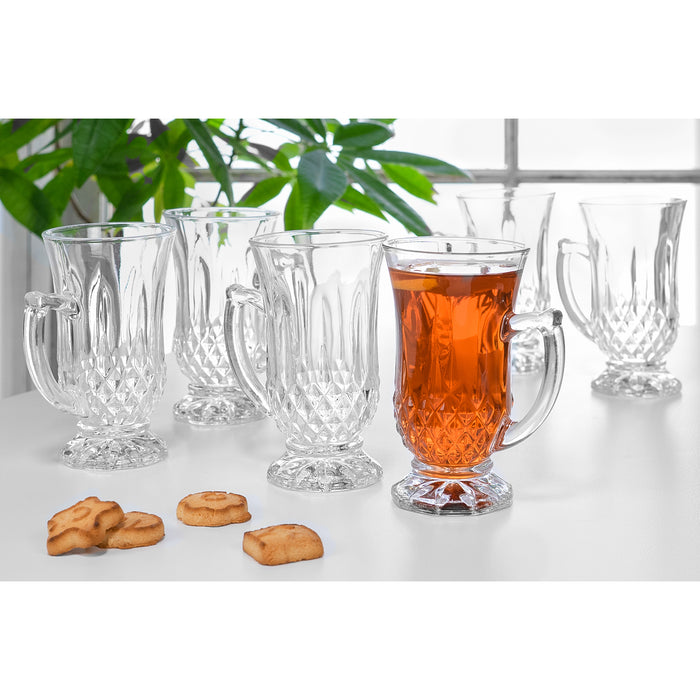 Red Co. 6-Pack Classic Clear Cut Glass 4.5 Oz Footed Turkish Tea Cups with Handles, Etched Design