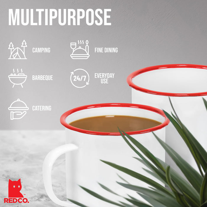 Red Co. Set of 4 Enamelware Metal Large Classic 22 Oz Round Coffee and Tea Mug with Handle, Solid White/Red Rim