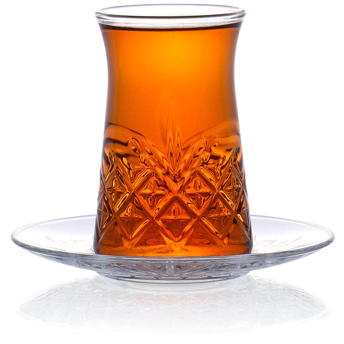 Red Co. Set of 6 Fluted 5.5 Fl Oz Cut Glass Turkish Tea Cups with Saucers, Clear