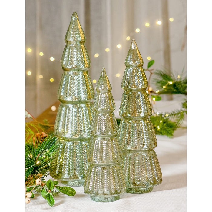 Red Co. 10.5”, 12.5”, 14.5” Light-Up Mercury Glass Christmas Tree Tabletop Display Figurine Set of 3 Sizes, Teal Blue