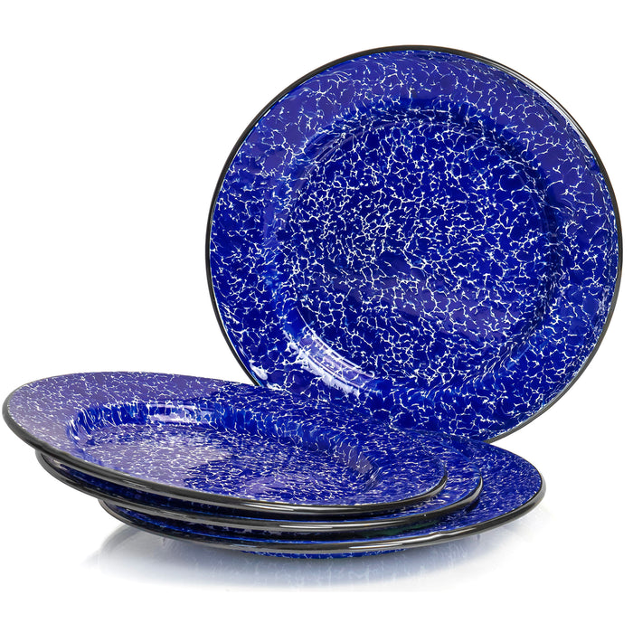 Red Co. Set of 4 Enamelware Metal Classic 10" Round Dinner Plate, Navy Blue Marble/Black Rim - Splatter Design