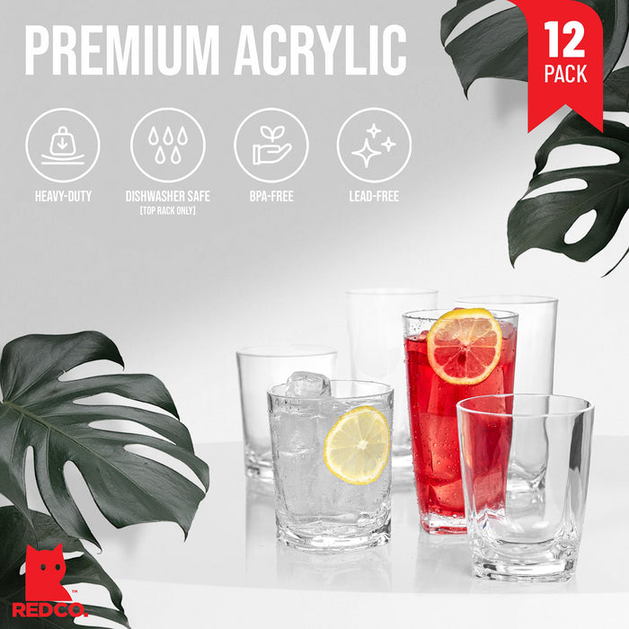 Red Co. Set of 12 Heavy Duty Clear Classic Acrylic Outdoor Mixed Drinkware Tumblers, 17 Fl Oz Lowball and 22 Fl Oz Highball Glasses