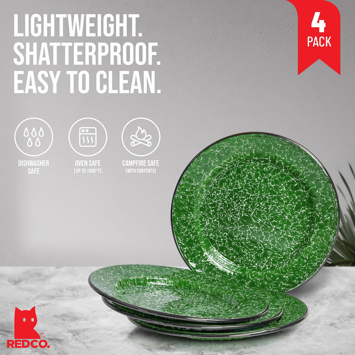 Red Co. Set of 4 Enamelware Metal Classic 10" Round Dinner Plate, Dark Green Marble/Black Rim - Splatter Design