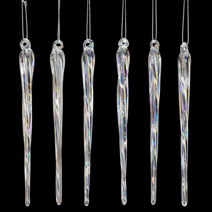 Red Co. Set of 6 Decorative 5.5” Glass Twisted Icicle Hanging Christmas Tree Ornaments, Iridescent Clear