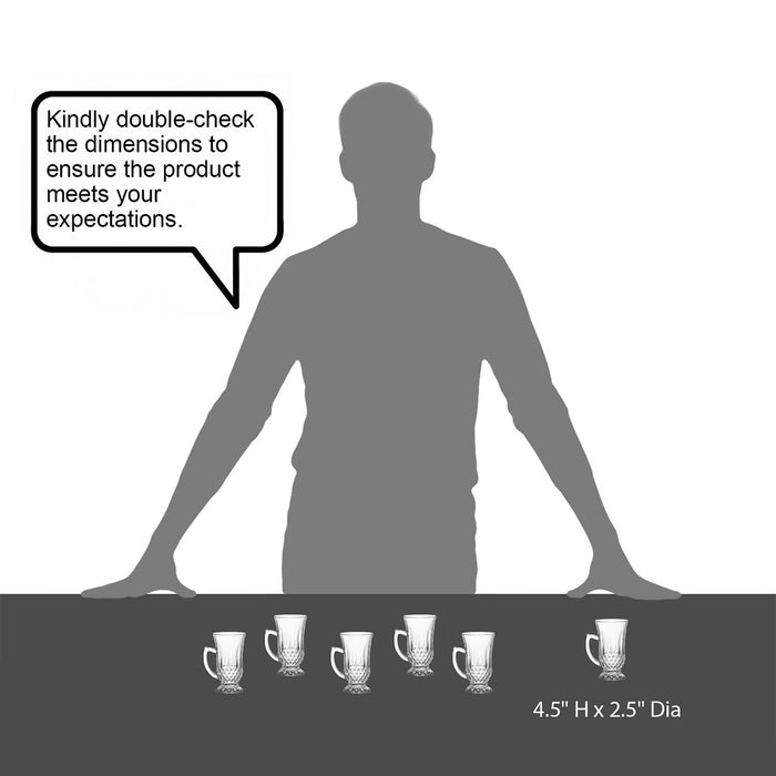 Red Co. 6-Pack Classic Clear Cut Glass 4.5 Oz Footed Turkish Tea Cups with Handles, Etched Design