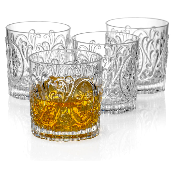 Red Co. Set of 4 Unbreakable Reusable Acrylic Vintage Embossed 14 Fl Oz Lowball Tumblers, Clear