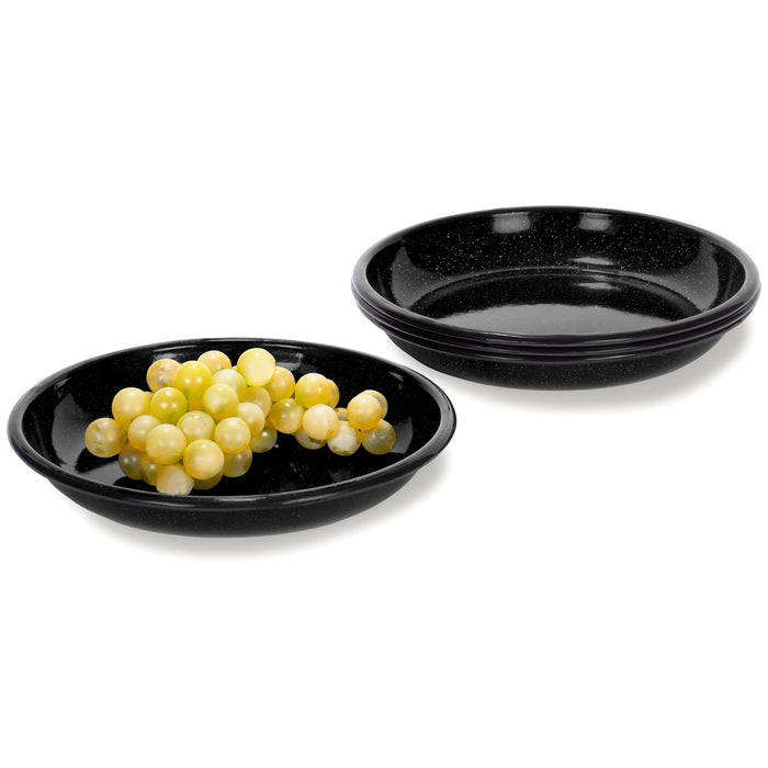 Red Co. Set of 4 Enamelware Metal 10” Round Camping Plates, White-Speckled Black/Black Rim