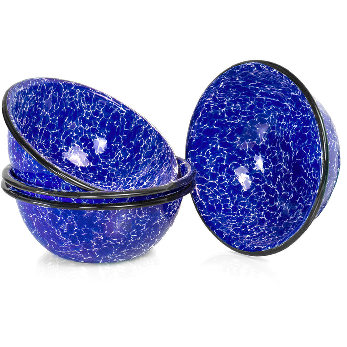 Red Co. Set of 4 Enamelware Metal Classic 20 oz Round Cereal Bowl, Navy Blue Marble/Black Rim - Splatter Design