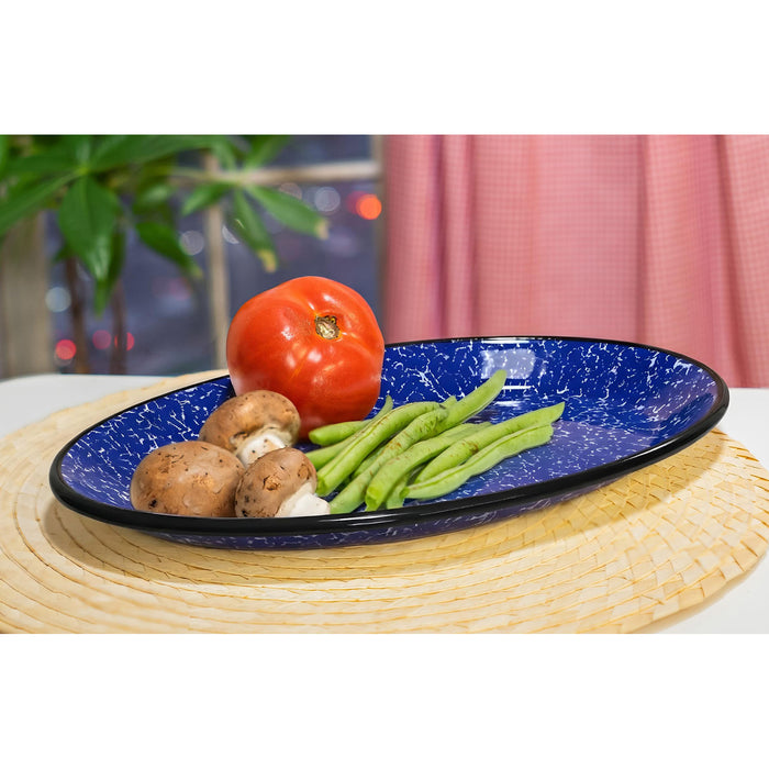 Red Co. Set of 4 Enamelware Metal Classic 13" Serving Oval Tray Platter, Navy Blue Marble/Black Rim - Splatter Design