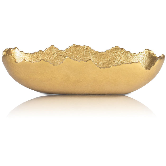Red Co. 11.5” x 4.5” Elongated Oval Decorative Asymmetrical Torn Textured Metal Centerpiece Tray with Sculpted Edges, Old Gold