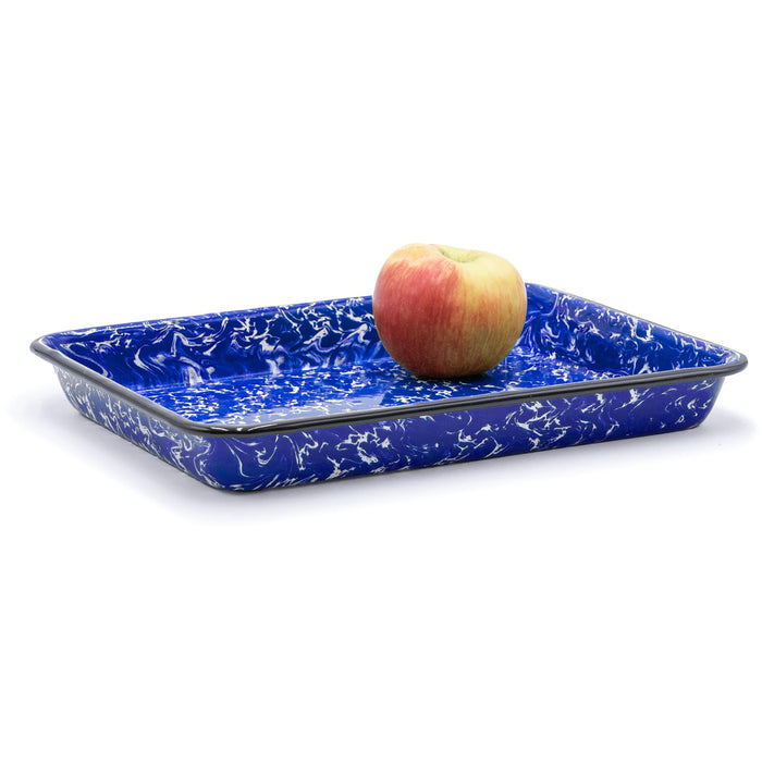 Red Co. 11" x 9" Enamelware Metal Classic 2 Quart Rectangular Serving Tray, Navy Blue Marble/Black Rim - Splatter Design
