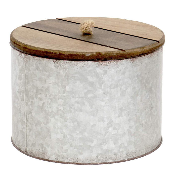 Red Co. 7 inch Round Decorative Rustic Galvanized Metal Storage Box with Wooden Lid, Rusted Grey/Brown