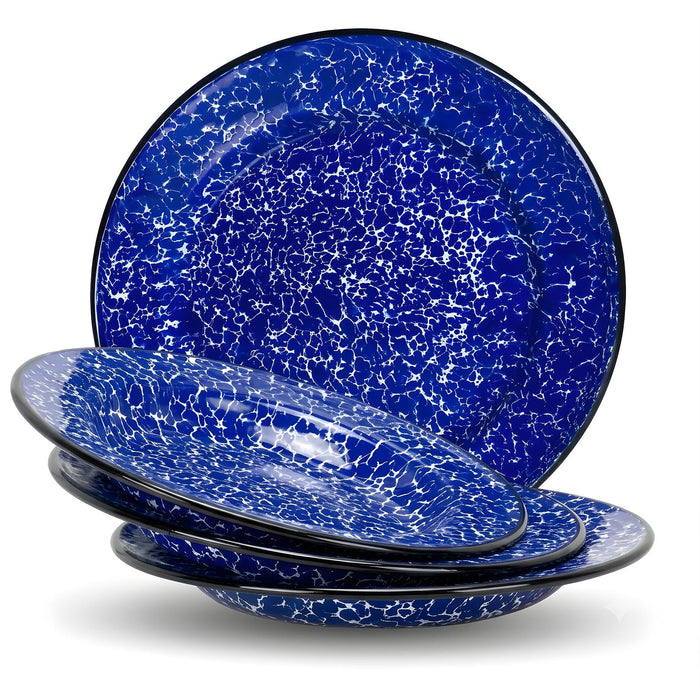 Red Co. Set of 4 Enamelware Metal Classic 8" Round Salad Plate, Navy Blue Marble/Black Rim - Splatter Design