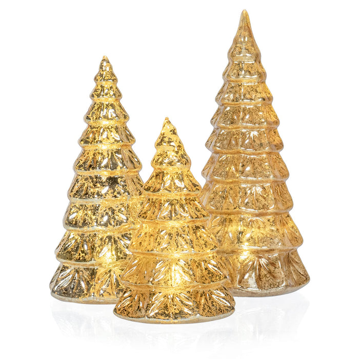 Red Co. 9”, 7.5”, 6” Light-Up Glass Christmas Tree Tabletop Display Figurine Set of 3 Sizes, Mercury Gold