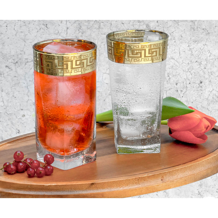 Red Co. Set of 6 Clear Decorated 10 Fl Oz Drinking Glasses with Golden Greek Key Trim – Highball