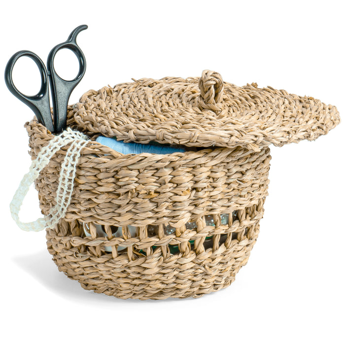 Red Co. 6” Small Decorative Round Natural Hand-Woven Seagrass Storage Basket with Lid