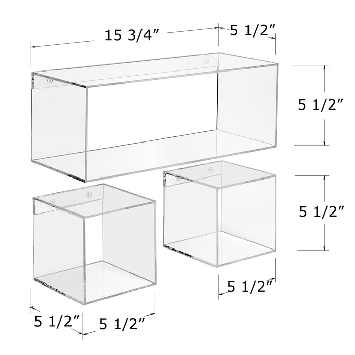 Red Co. Crystal Clear Acrylic Floating Storage 4 Sided Wall Shelves - Bathroom Shelf, Makeup Cosmetics Display Organizer Rack | Set of 3