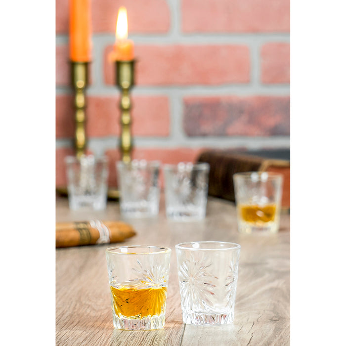 Red Co. Set of 6-2oz Clear Shot Glasses Set with Carved Pattern, Home Bar Glassware for Brandy, Liquor, Jello Shots - Rising Star Pattern