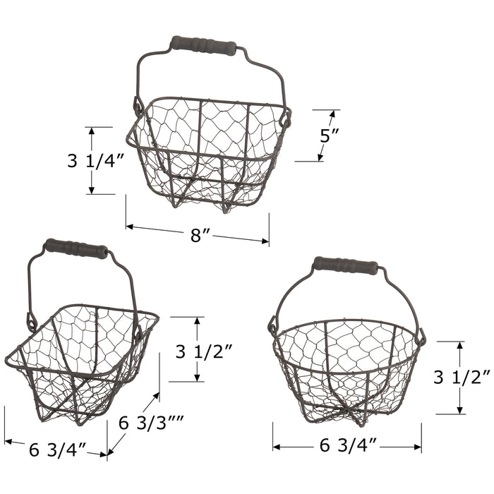 All-Purpose Display Baskets in 3 Shapes, Gray Metal Wire with Wood Handle, Rectangle- 5 Inches, Square- 6.75 Inches and Circle- 7.5 Inches