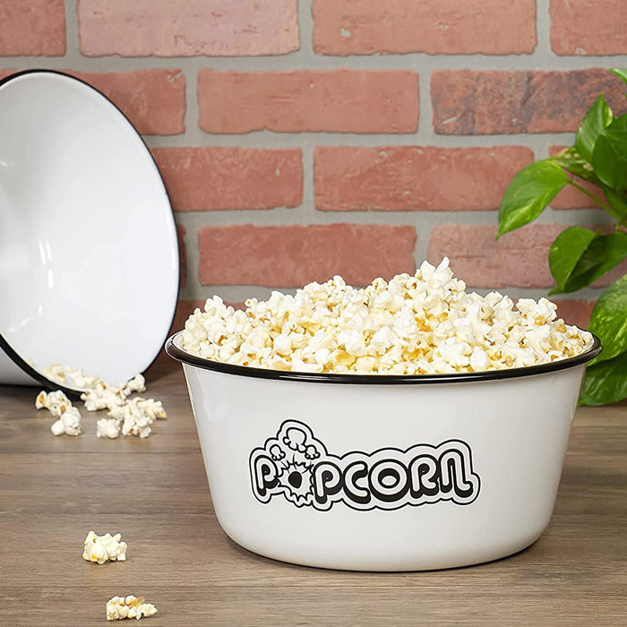 Red Co. Set of 2 Extra Large Enamelware Metal Classic 4 Quart Mixing & Serving Popcorn Bowls, White/Black Rim