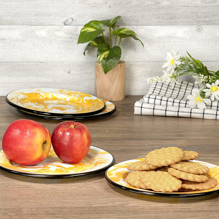 Red Co. Set of 4 Enamelware Metal Classic 8 inch Round Flat Salad Plates, Yellow/Black Rim - Swirl Design