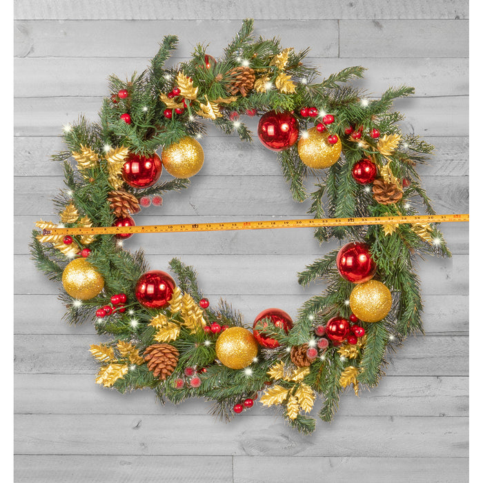 Light-Up Christmas Wreath with Red & Gold Ornaments, Battery Operated LED Lights with Timer