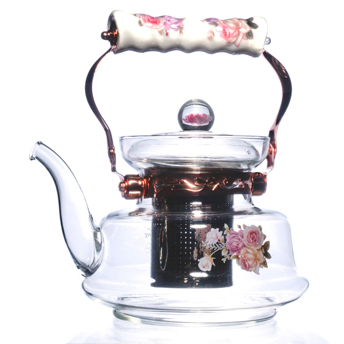 Floral European Style Glass Stovetop Teapot with Stainless Steel Infuser, 34 Ounce - Assorted Patterns