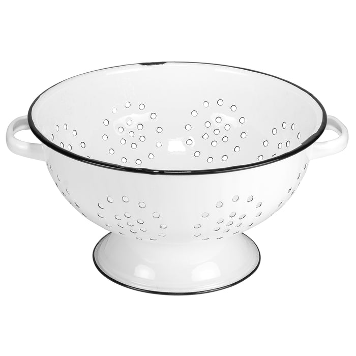 Red Co. Enamelware Metal Classic 10.5 Inch Round Food Strainer Colander with Two Handles, Distressed White/Black Rim